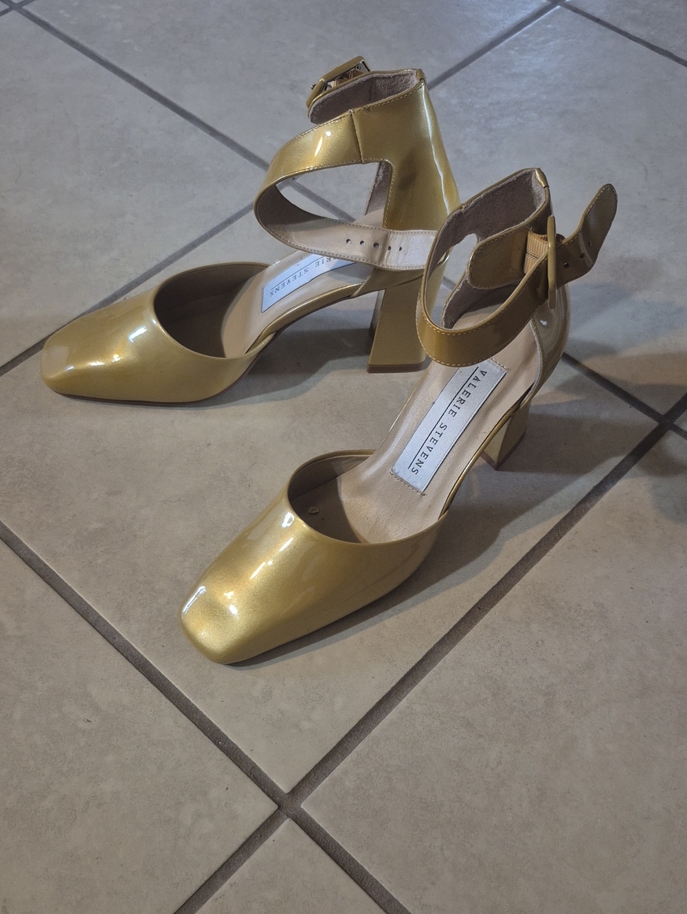 Valerie Stevens Metallic Gold Ankle-Strap Block Heels
